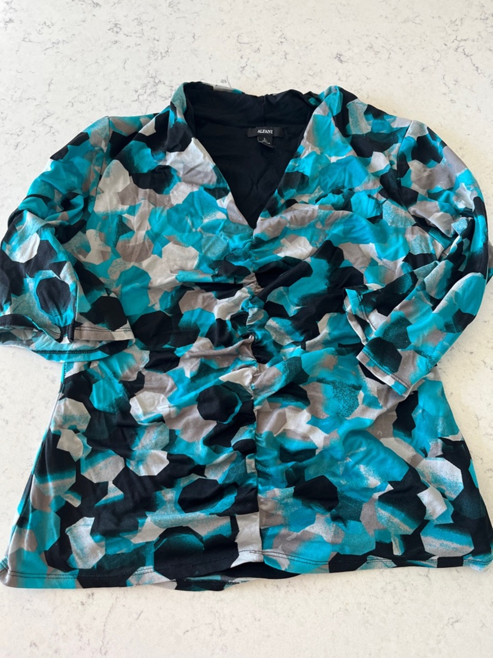 Alfani Teal Abstract V-Neck Ruched Womens Top